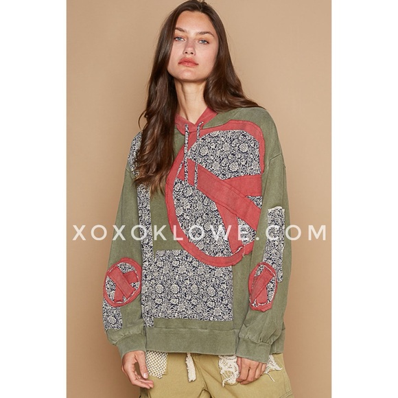 POL Olive French Terry Hoodie | Vintage Wash Peace & Floral Patchwork - Picture 6 of 10